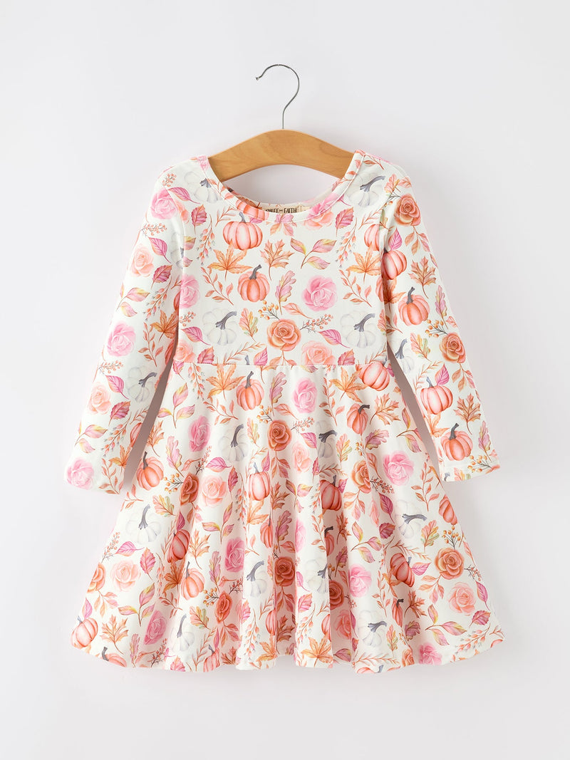 Thanksgiving Pumpkin Floral Girls Twirl Dress - 1