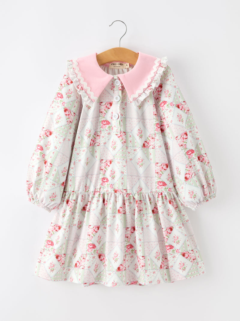 Fall Girls Floral Peter Pan Collar Ruffle Long-sleeved Dress - 1
