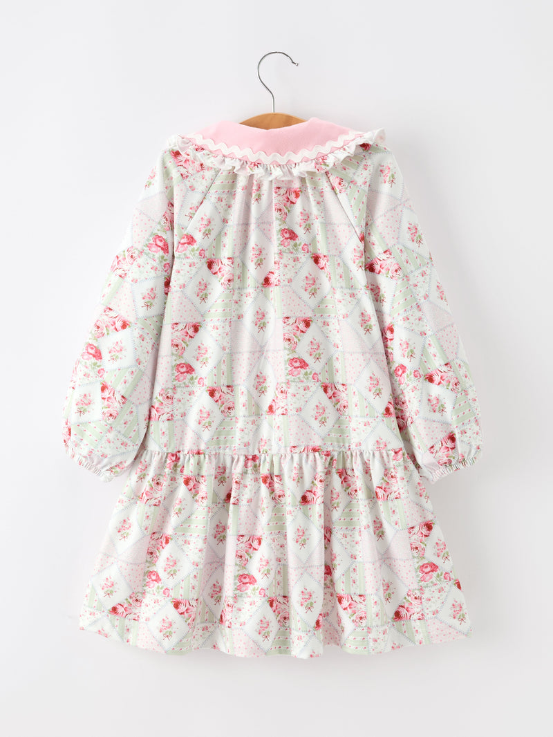 Fall Girls Floral Peter Pan Collar Ruffle Long-sleeved Dress - 2