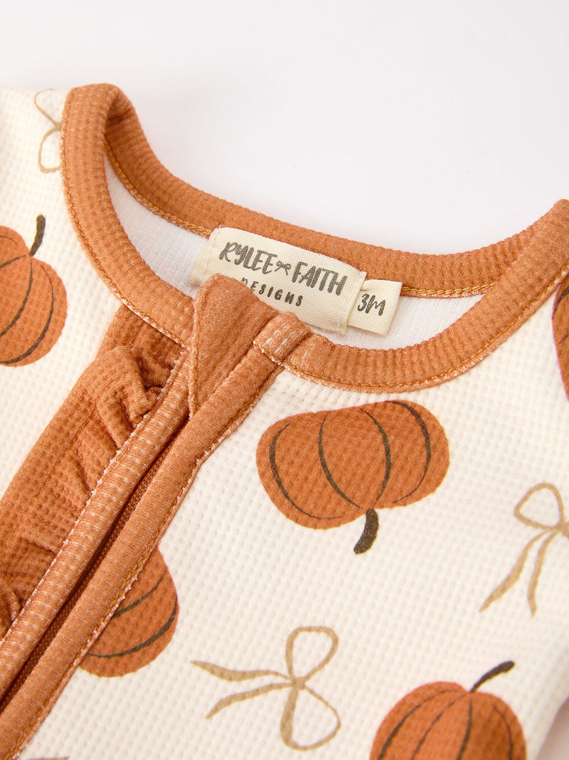 Fall Thanksgiving Pumpkin Ruffle Zip Sleeper Waffle Jumpsuit - 3