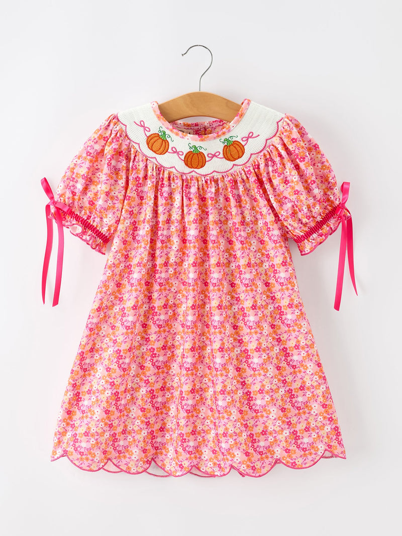 Girls Halloween & Thanksgiving Hot Pink Smocked Twirl Dress - 1