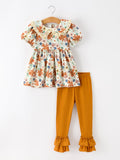 Fall Girls Floral Lace Collar Puff Sleeve Outfit Set - 1