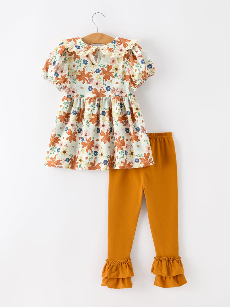 Fall Girls Floral Lace Collar Puff Sleeve Outfit Set - 2