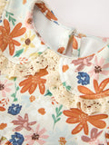 Fall Girls Floral Lace Collar Puff Sleeve Outfit Set - 3