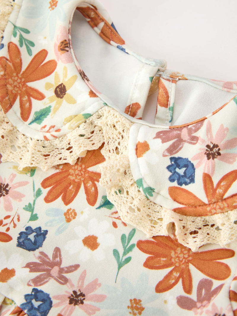 Fall Girls Floral Lace Collar Puff Sleeve Outfit Set - 3