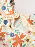 Fall Girls Floral Lace Collar Puff Sleeve Outfit Set - 4