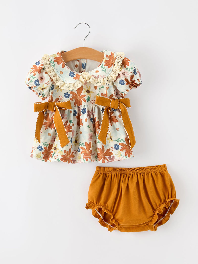 Fall Girls Floral Lace Collar Ruffle Bloomer Set - 1