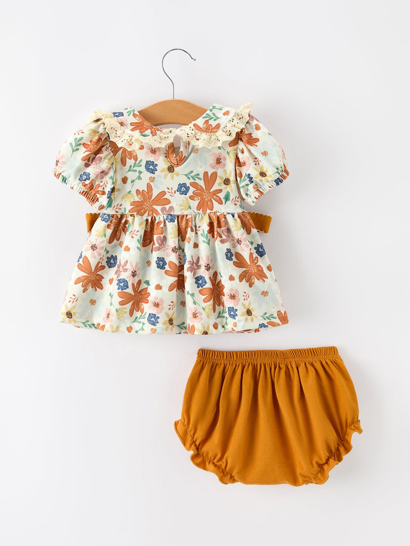 Fall Girls Floral Lace Collar Ruffle Bloomer Set - 2