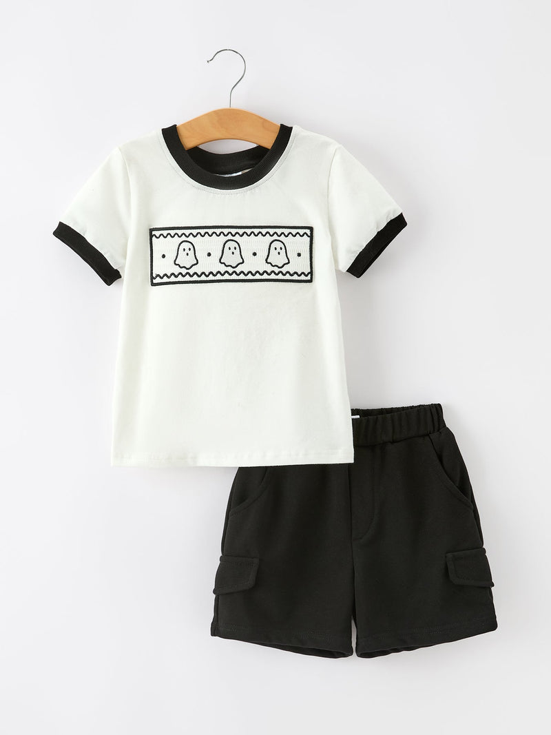 Halloween Ghost Smocked Embroidered Tee Boys Short Set - 1
