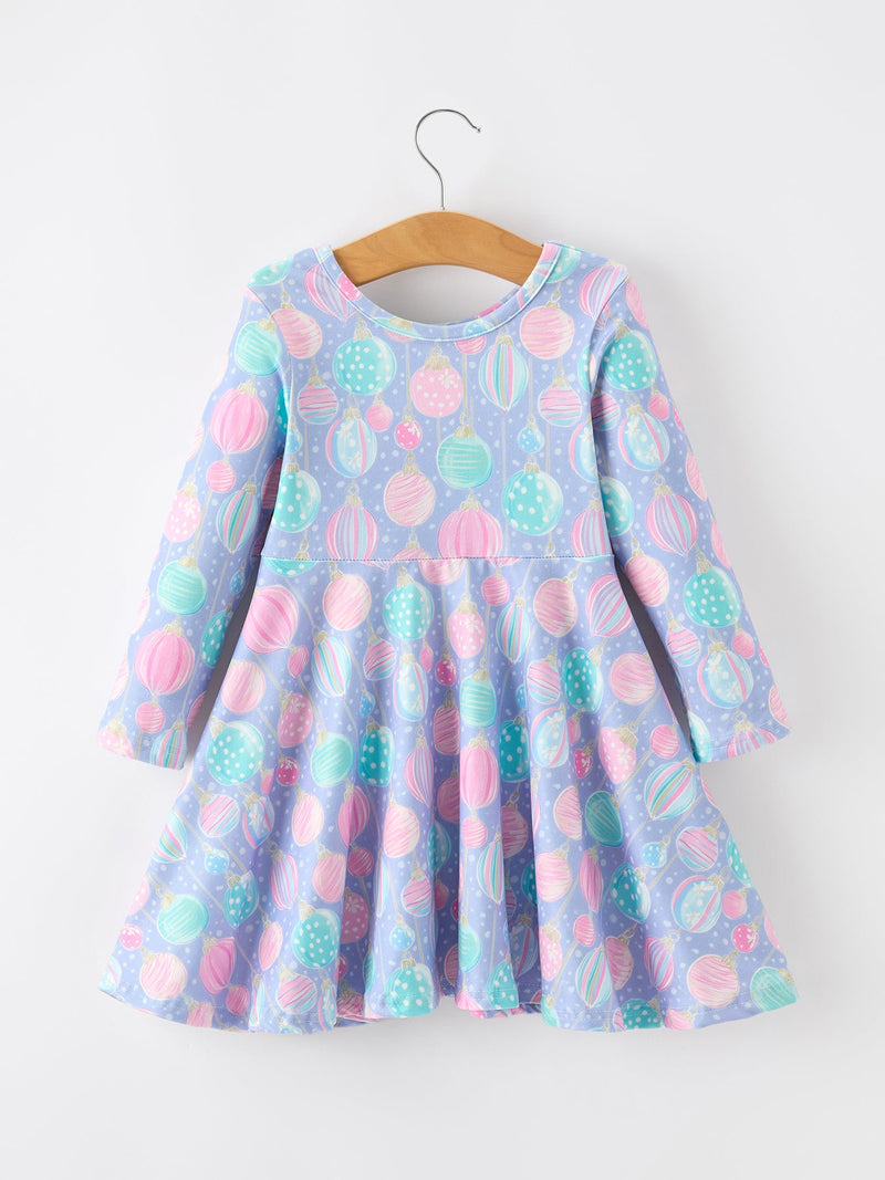 Girls Pastel Christmas Ornament Print Twirl Dress - 2