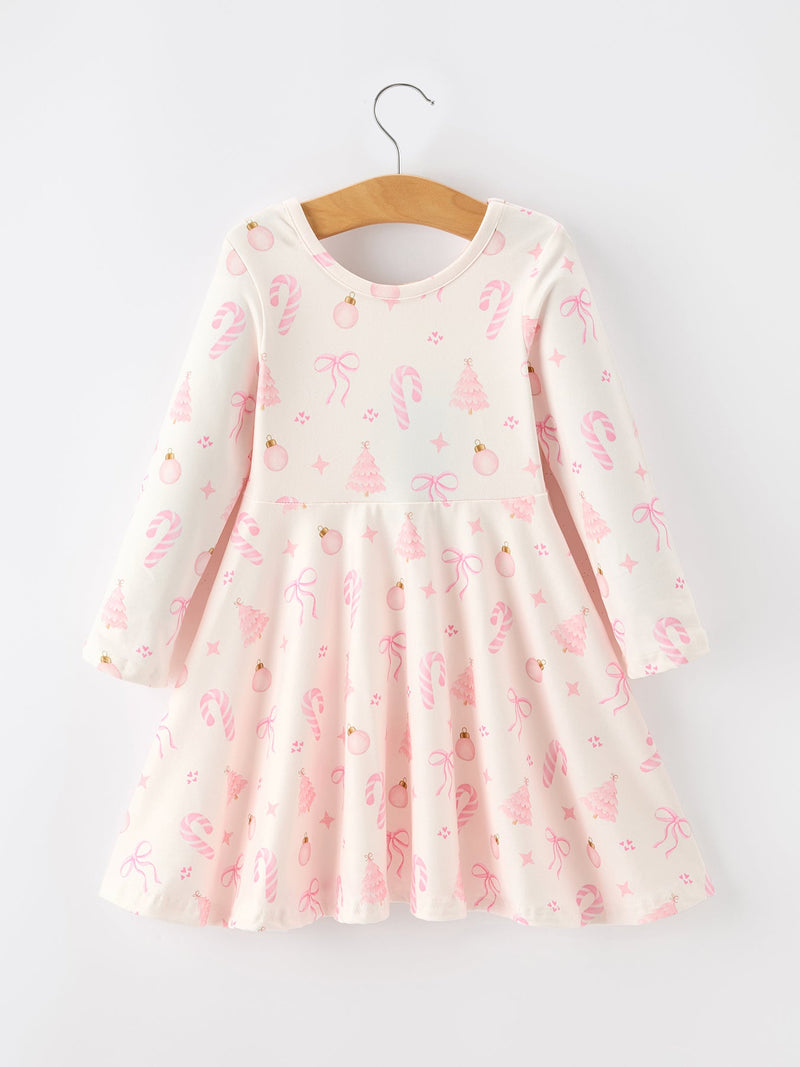 Girls Pink Christmas Ornament Print Flare Dress - 2