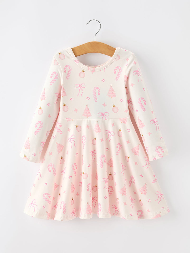Girls Pink Christmas Ornament Print Flare Dress - 1