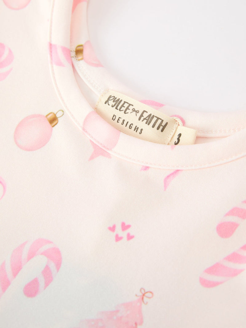 Girls Pink Christmas Ornament Print Flare Dress - 3