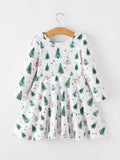 Girls Christmas Tree & Star Ribbed Print Twirl Dress - 2