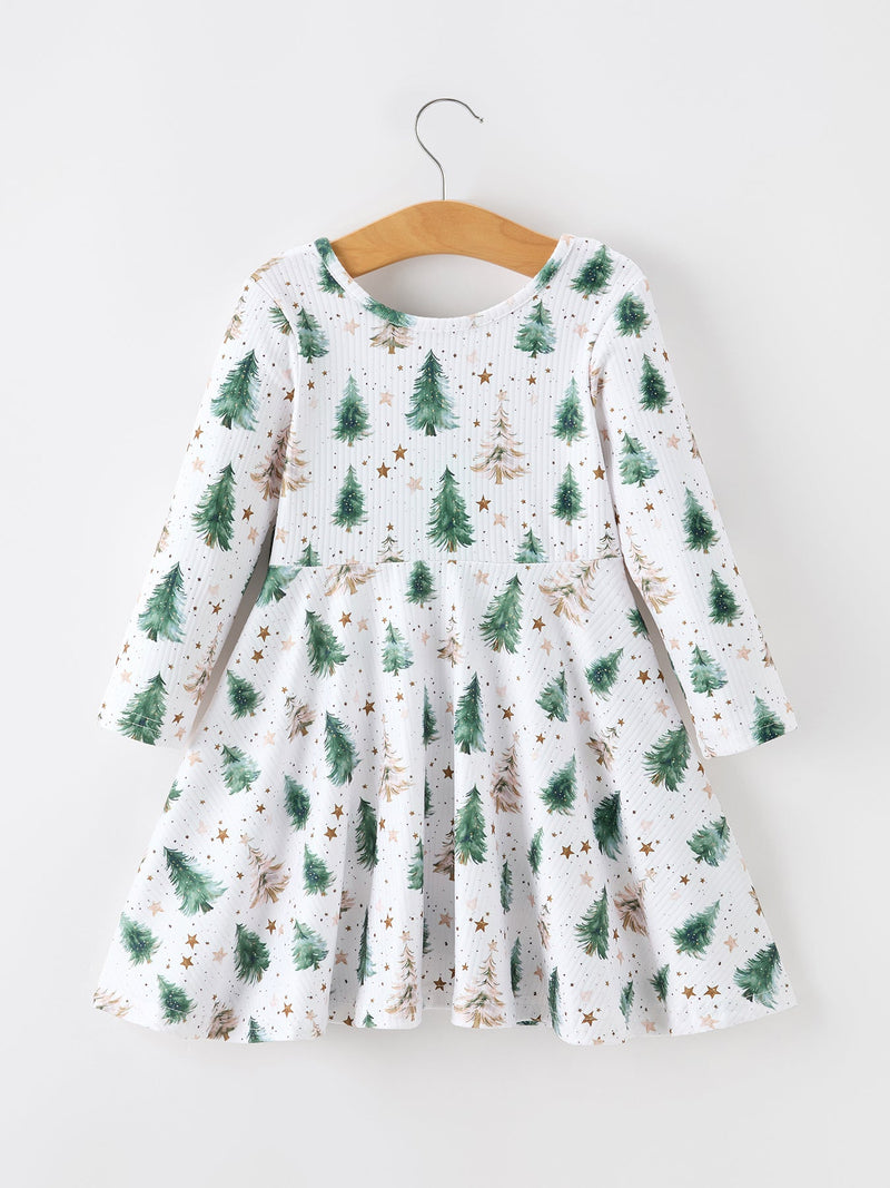 Girls Christmas Tree & Star Ribbed Print Twirl Dress - 2