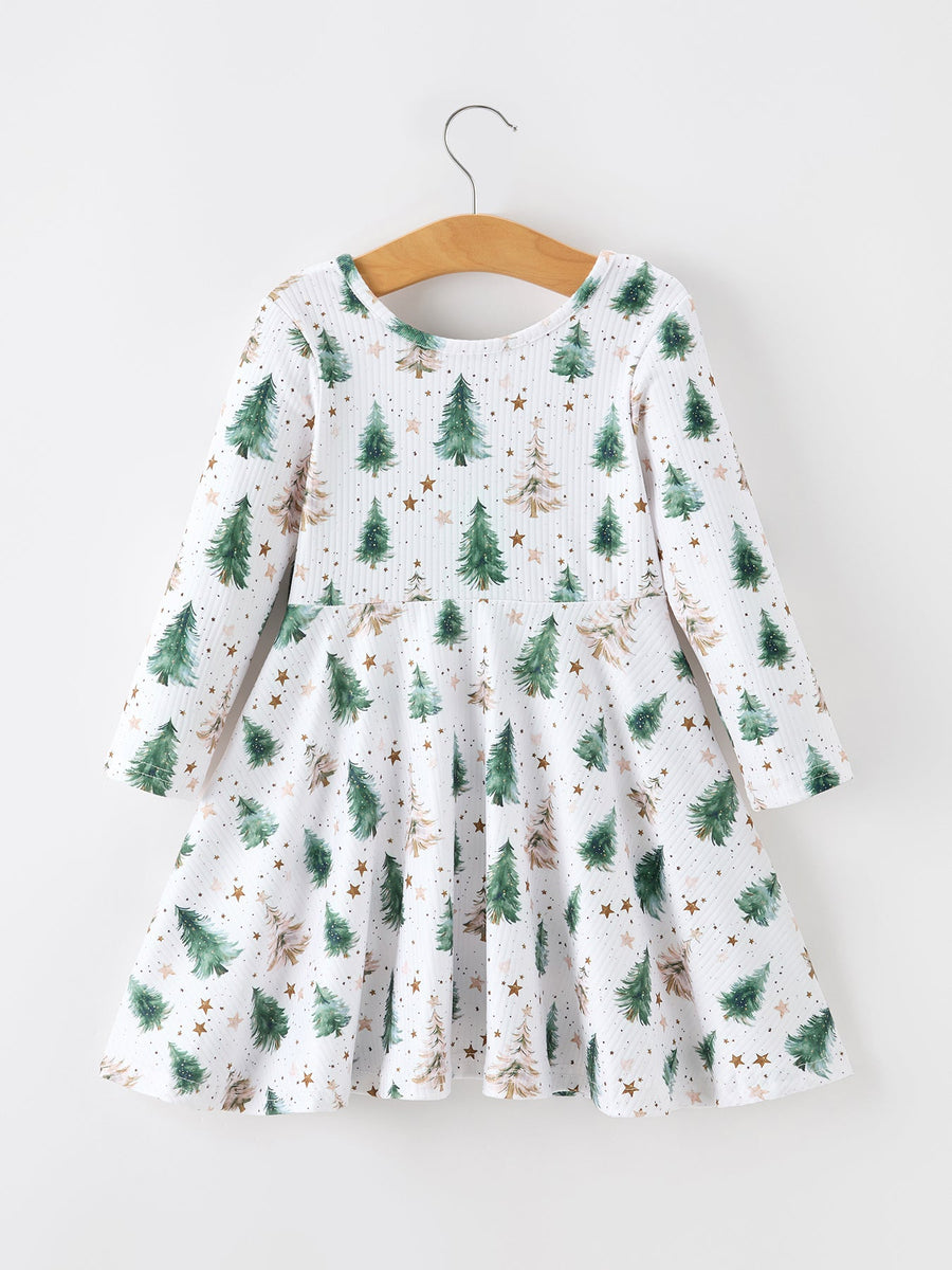 Girls Christmas Tree & Star Ribbed Print Twirl Dress
