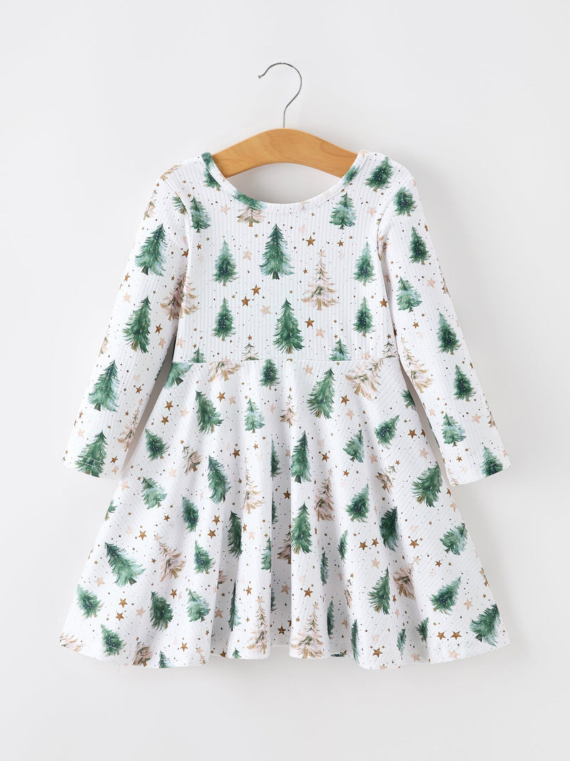 Girls Christmas Tree & Star Ribbed Print Twirl Dress - 1