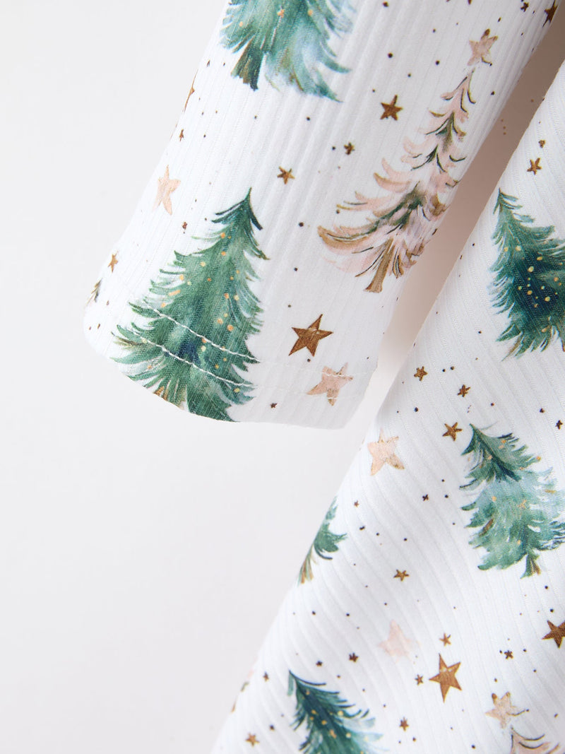 Girls Christmas Tree & Star Ribbed Print Twirl Dress - 3