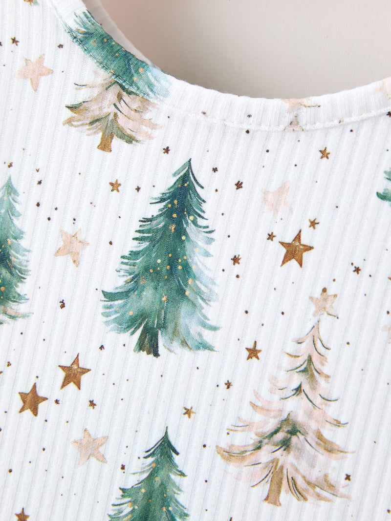 Girls Christmas Tree & Star Ribbed Print Twirl Dress - 4