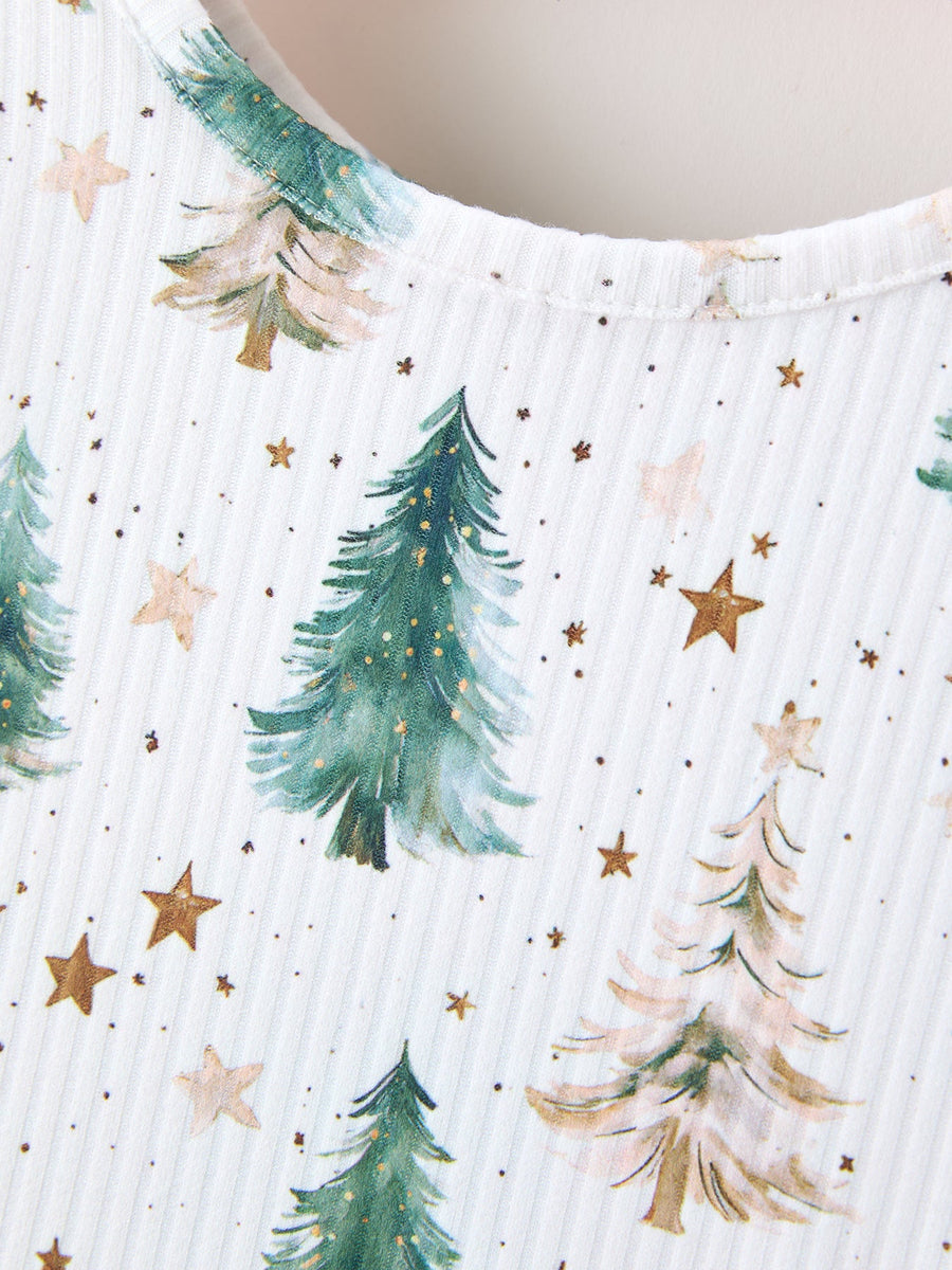 Girls Christmas Tree & Star Ribbed Print Twirl Dress