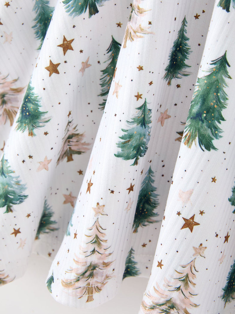 Girls Christmas Tree & Star Ribbed Print Twirl Dress - 5