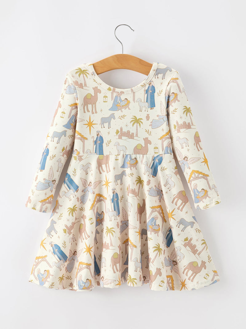 Christmas Girls Nativity Print Twirl Long Sleeve Dress - 2