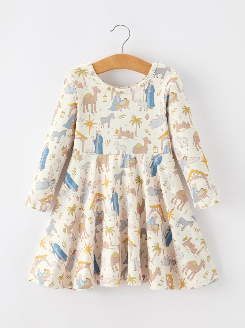 Christmas Girls Nativity Print Twirl Long Sleeve Dress - 1