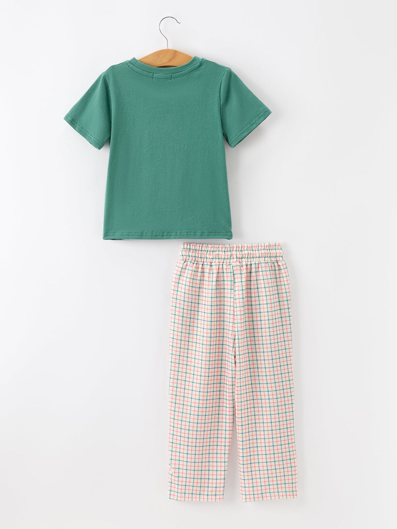 Boys Christmas Embroidered T-Shirt & Plaid Pants Set - 2