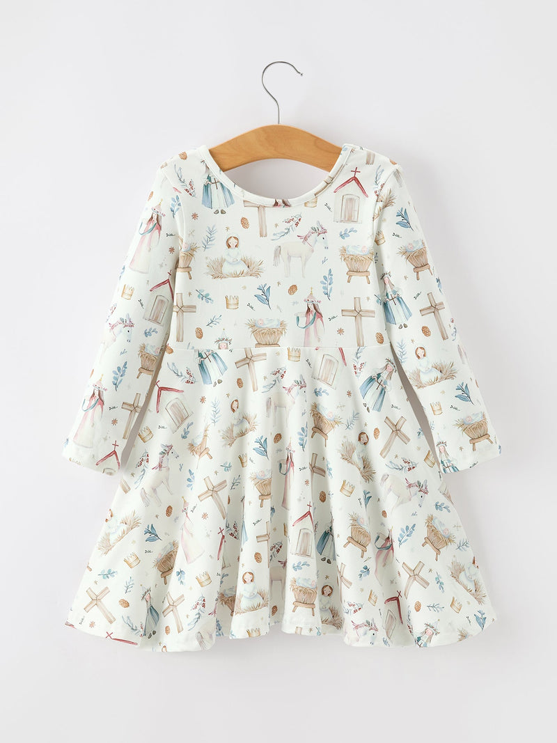 Girls Nativity Scene Winter Print Twirl Dress - 2