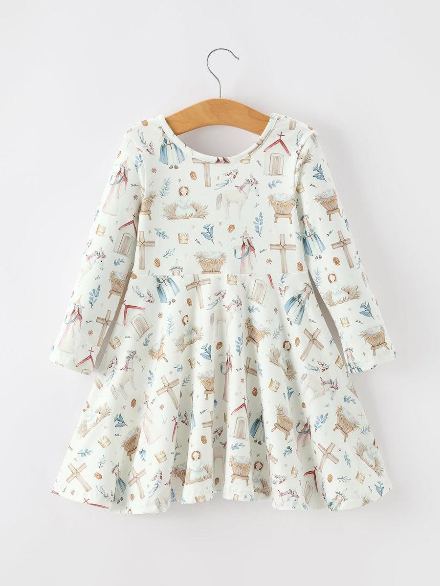 Girls Nativity Scene Winter Print Twirl Dress