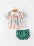 Girls Christmas Plaid Smocked Bloomers Set with Tree Embroidery - 1