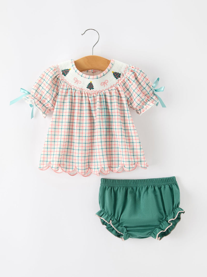 Girls Christmas Plaid Smocked Bloomers Set with Tree Embroidery - 1