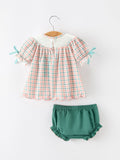 Girls Christmas Plaid Smocked Bloomers Set with Tree Embroidery - 2