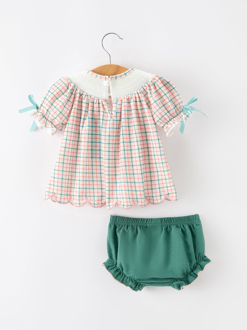 Girls Christmas Plaid Smocked Bloomers Set with Tree Embroidery - 2