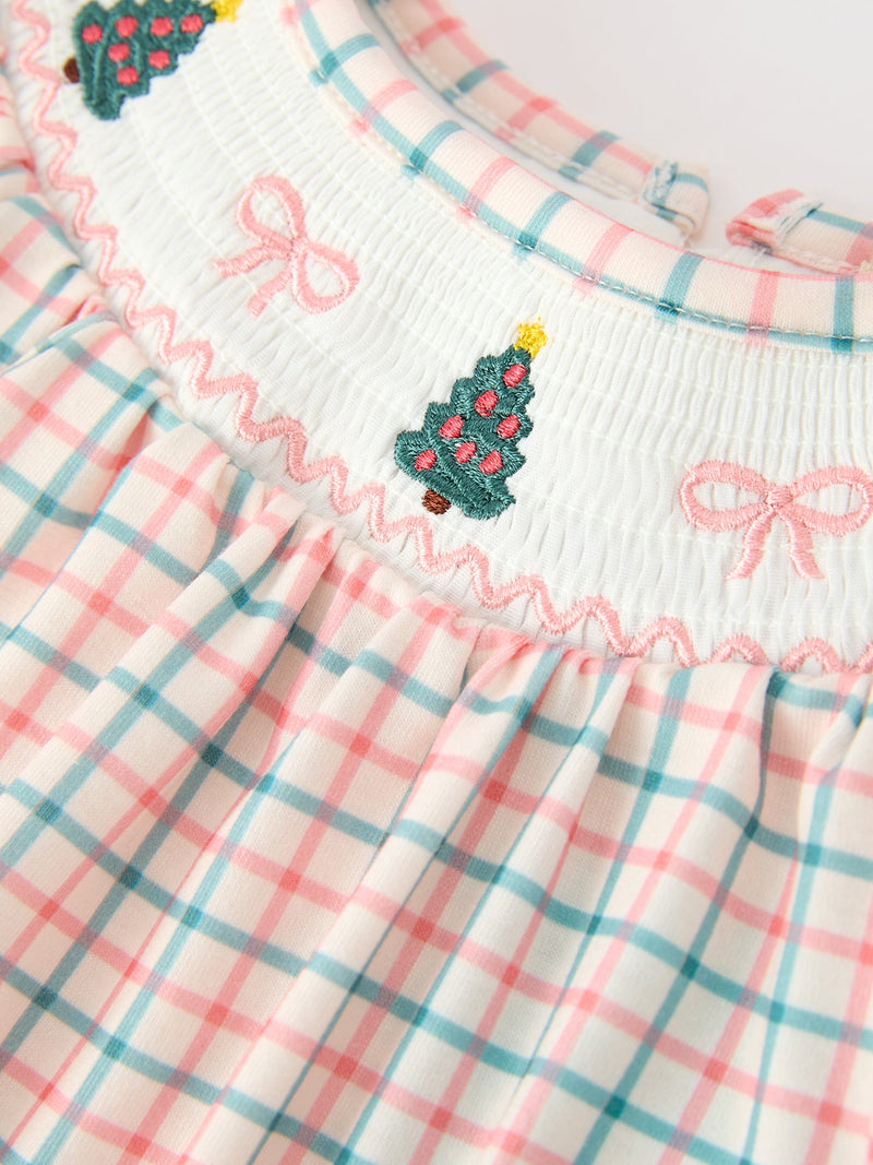 Girls Christmas Plaid Smocked Bloomers Set with Tree Embroidery - 3