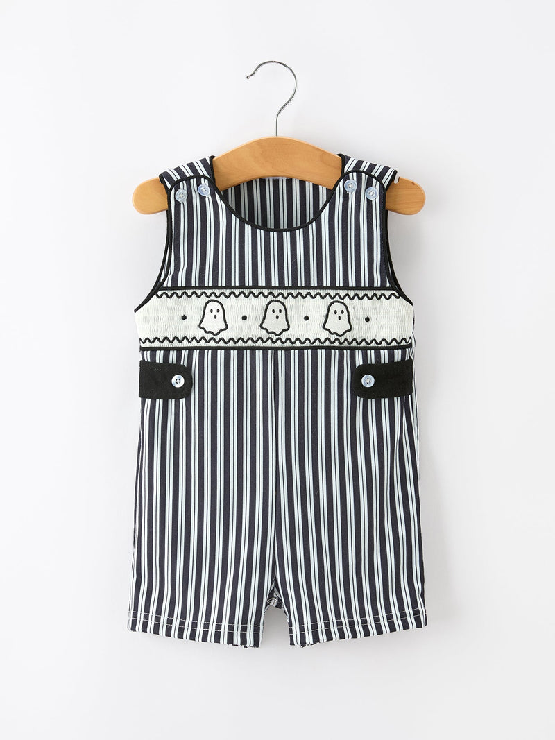 Halloween Ghost Smocked Boys Jon Jon Embroidered Romper - 1