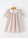 Girls Christmas Smocked Plaid Dress with Tree Embroidery - 1