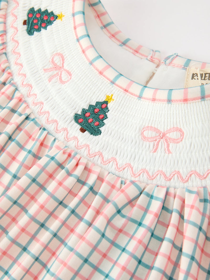Girls Christmas Smocked Plaid Dress with Tree Embroidery - 3