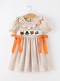Thanksgiving Smocked Girls Dress Turkey Pumpkin Pie Embroidery - 1