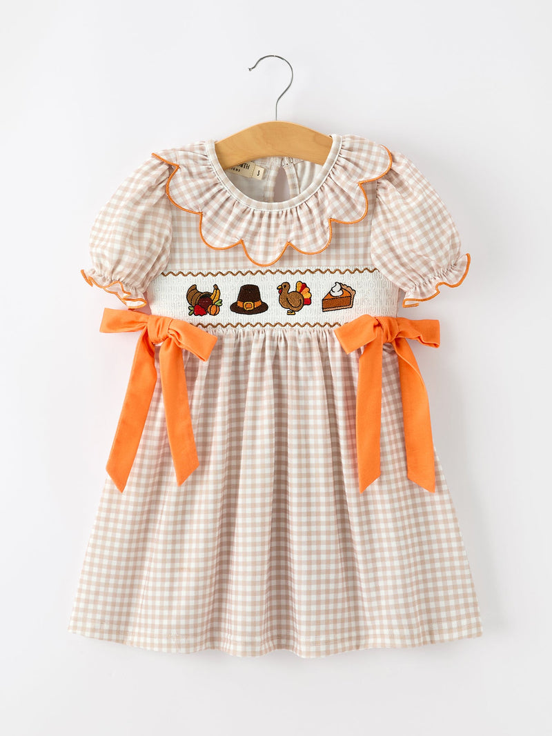 Thanksgiving Smocked Girls Dress Turkey Pumpkin Pie Embroidery - 1