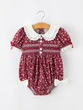 Burgundy Floral Smocked Baby Girl Bubble Romper Peter Pan Collar - 1