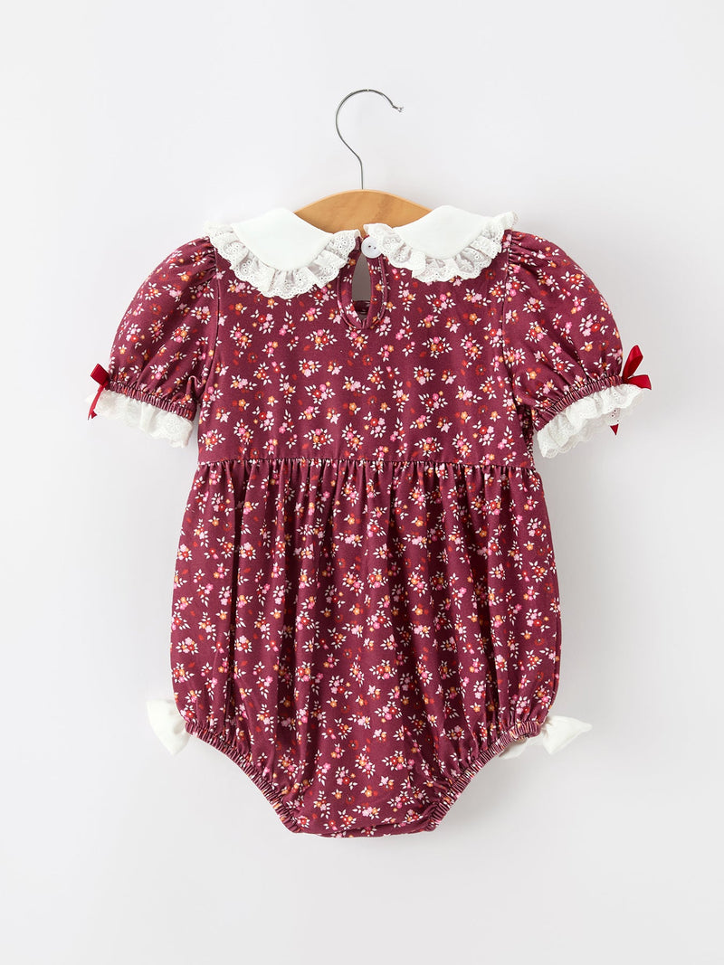 Burgundy Floral Smocked Baby Girl Bubble Romper Peter Pan Collar - 2