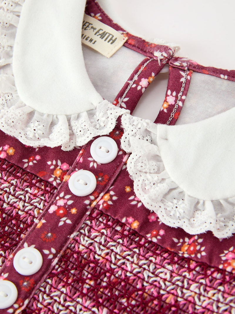 Burgundy Floral Smocked Baby Girl Bubble Romper Peter Pan Collar - 3