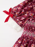 Burgundy Floral Smocked Baby Girl Bubble Romper Peter Pan Collar - 4