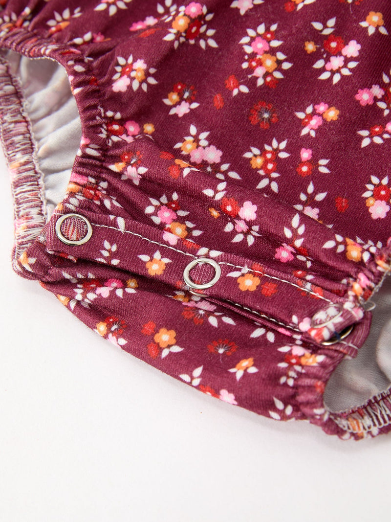Burgundy Floral Smocked Baby Girl Bubble Romper Peter Pan Collar - 5