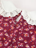 Burgundy Floral Smocked Baby Girl Bubble Romper Peter Pan Collar - 6