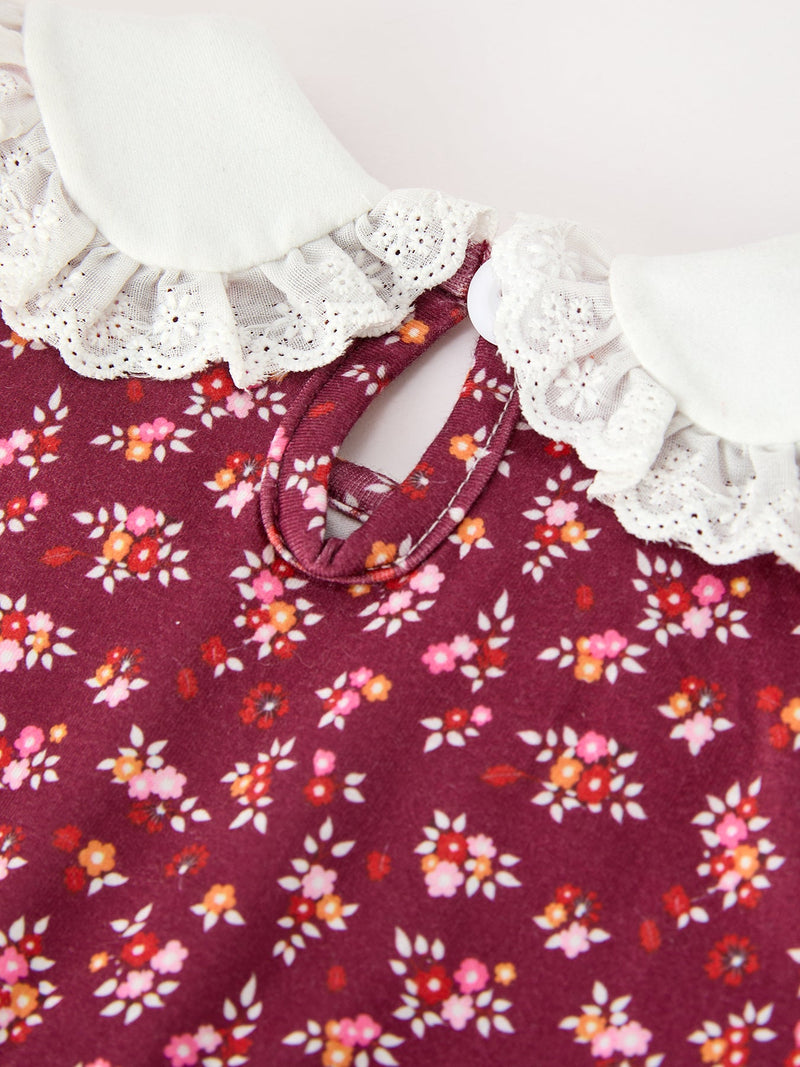 Burgundy Floral Smocked Baby Girl Bubble Romper Peter Pan Collar - 6