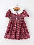 Burgundy Floral Smocked Girls Dress Peter Pan Collar Lace Trim - 1