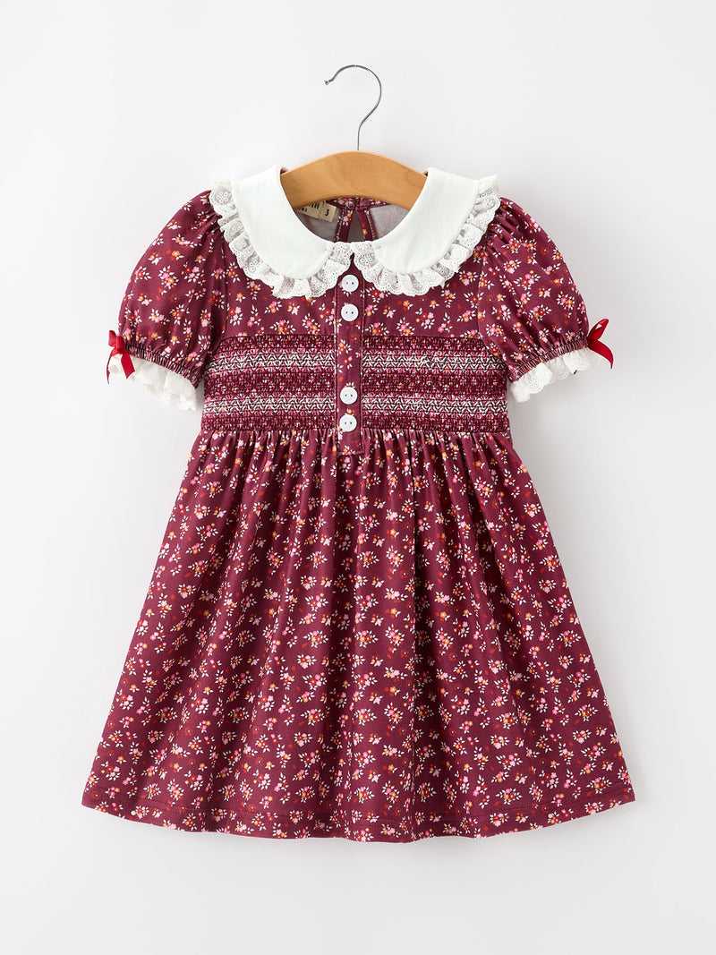 Burgundy Floral Smocked Girls Dress Peter Pan Collar Lace Trim - 1