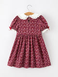 Burgundy Floral Smocked Girls Dress Peter Pan Collar Lace Trim - 2